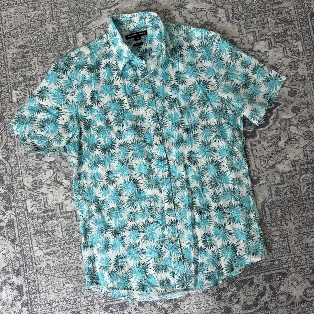 Michael Kors Mens Linen Camp Shirt Blue Palms Leaf Small Slim Fit Resort Travel